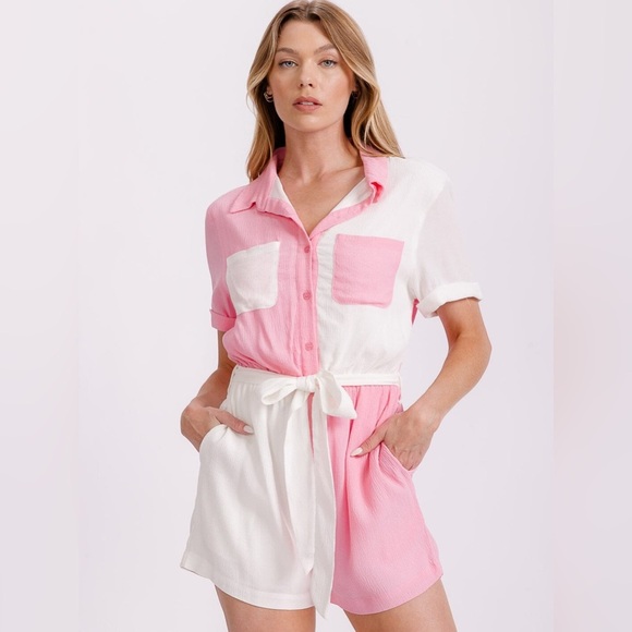 🔆Lena Pink & White Colorblock Romper - Size Small - Picture 2 of 3